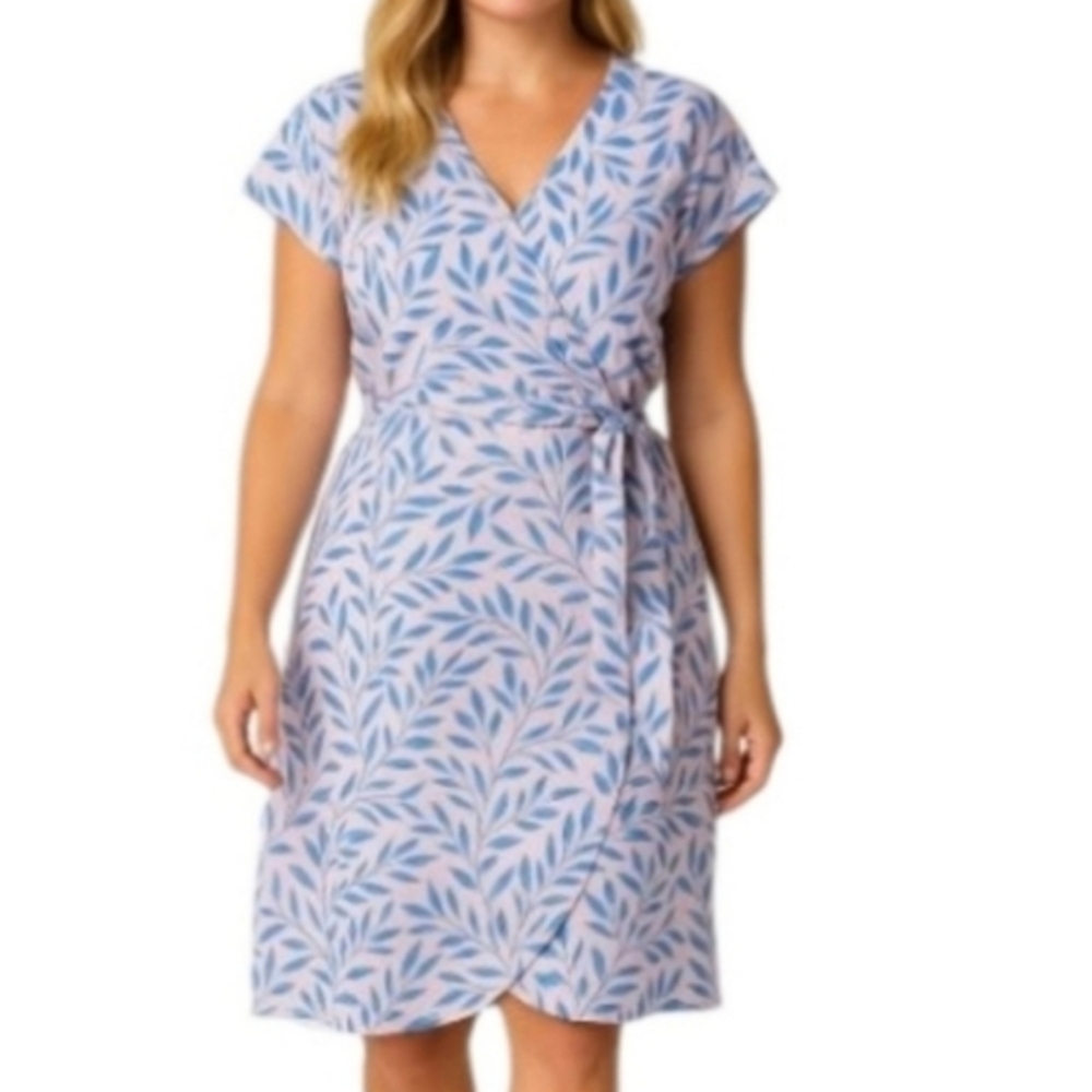 Bobeau Pink Floral Short Sleeve Blue Leaf Wrap Dress Extra Large